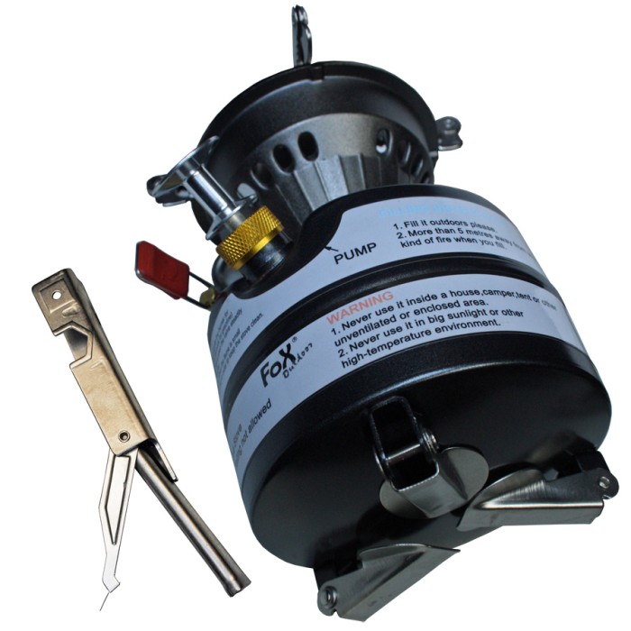 Petrol stove, camping stove, with fold-out feet